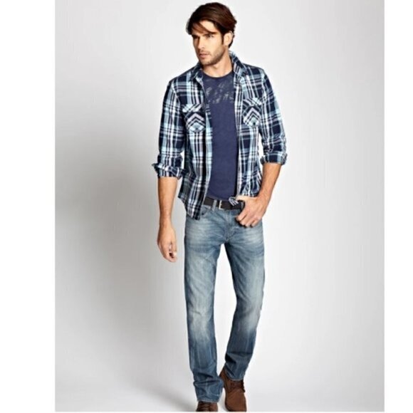 Guess LA Dillon Shirt XS Plaid Slim-Fit Long Sleeve Button Down Chambray - Picture 4 of 13